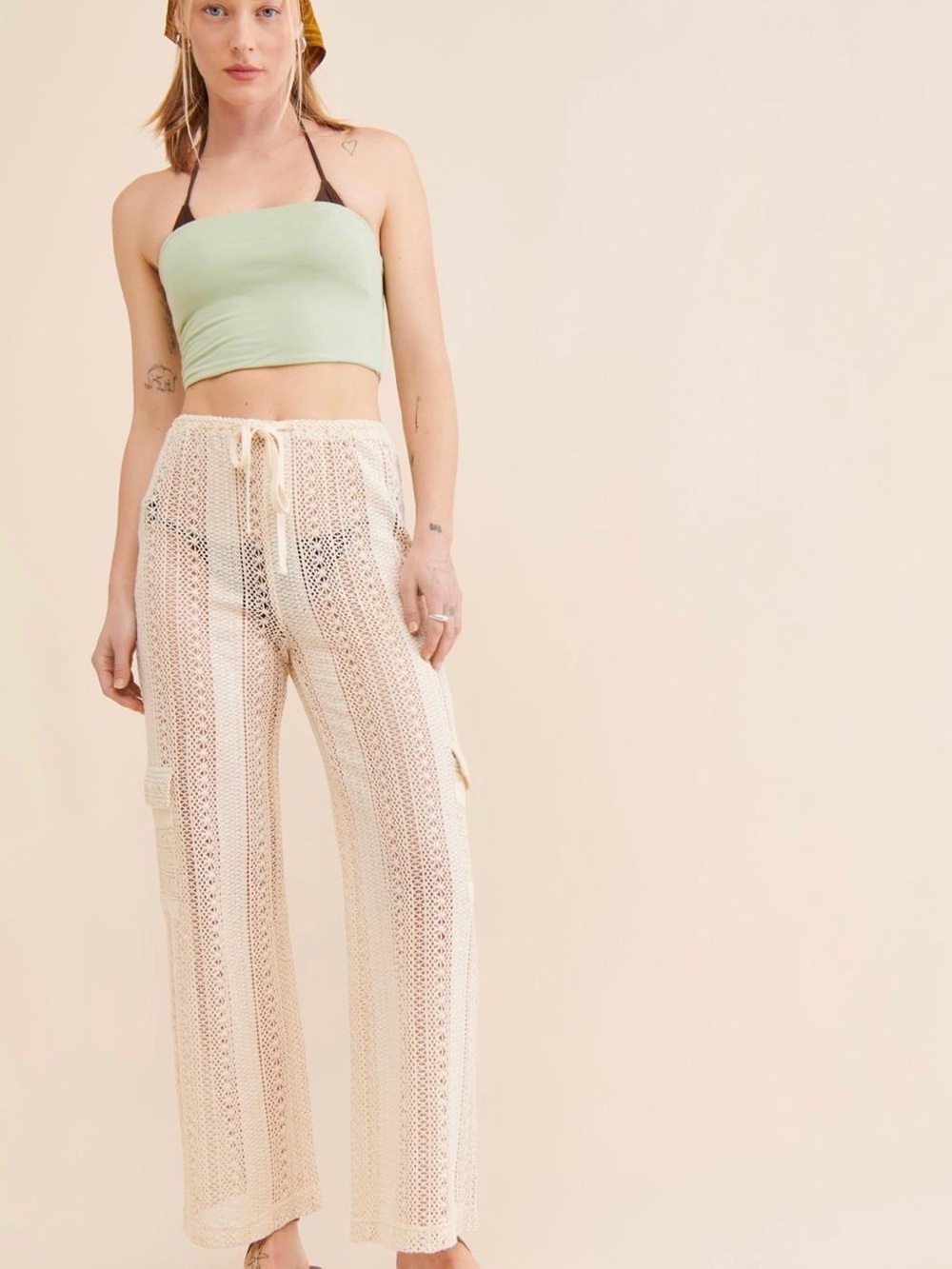 4SI3NNA Cream Crochet Wide-Leg Drawstring Pants
